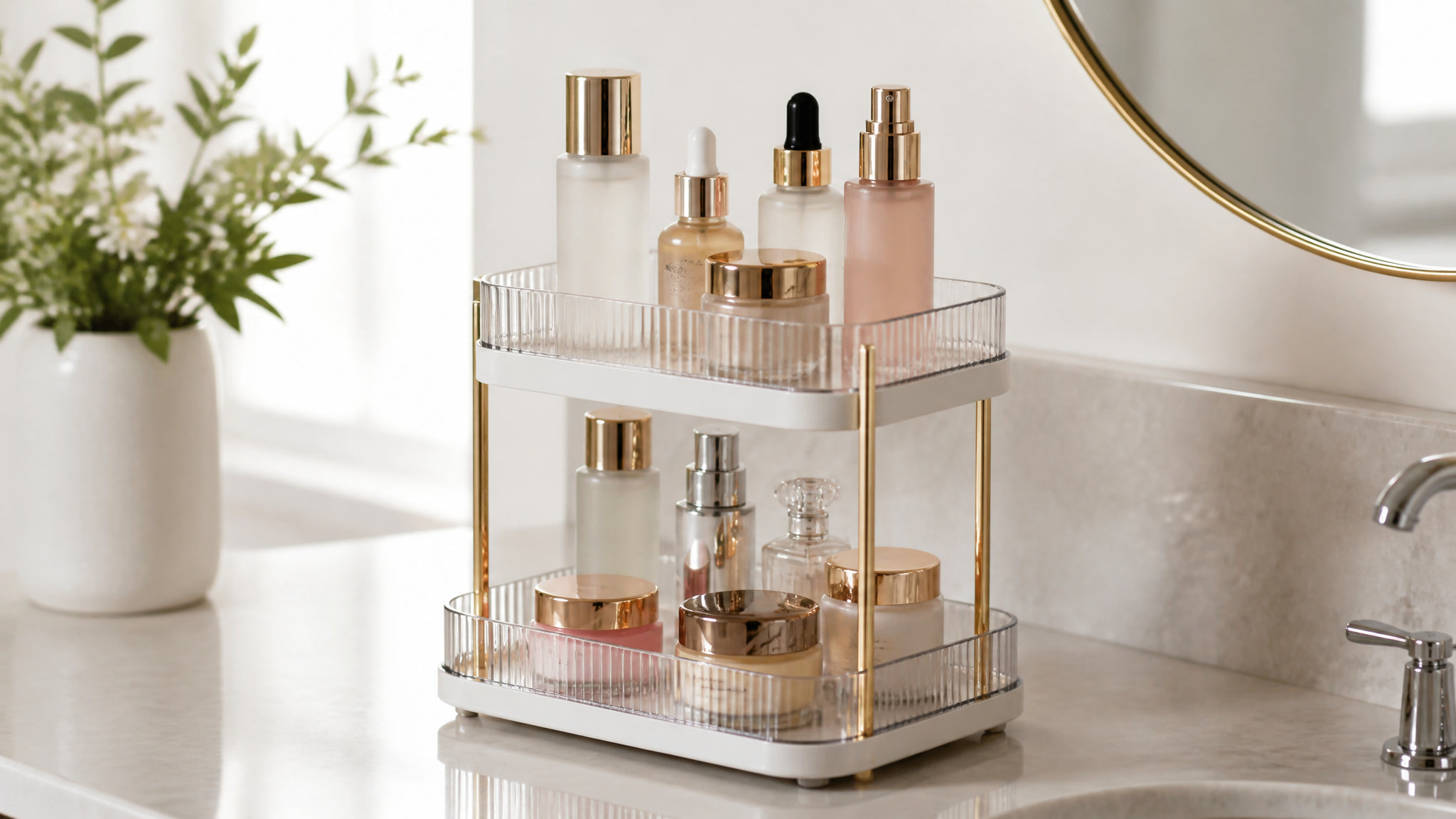 Two-tier bathroom counter organizer tray holding skincare bottles on a vanity