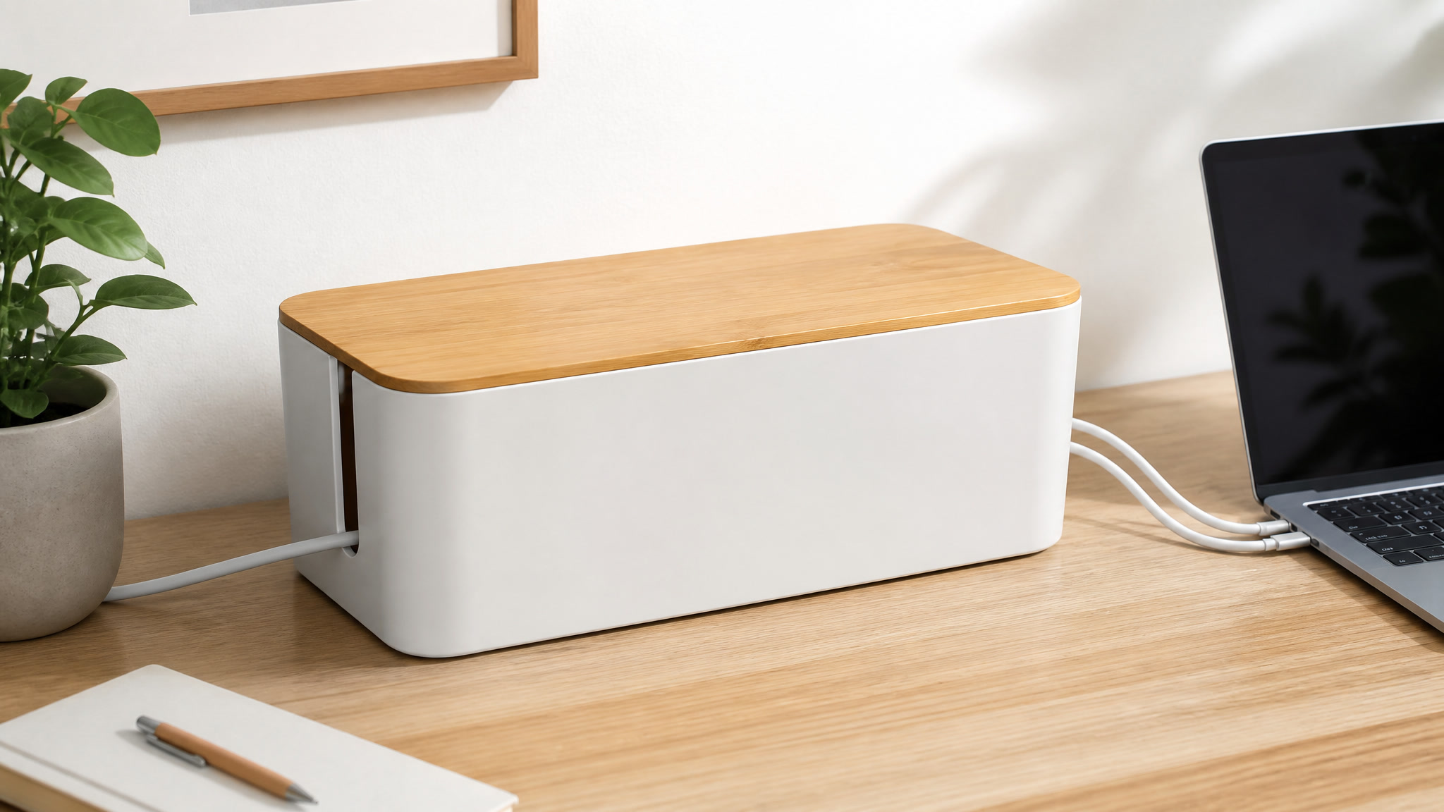 Wooden-lid cable management box hiding a power strip and cables on a tidy desk