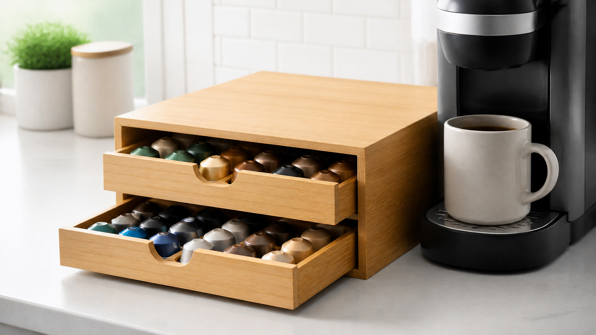Bamboo coffee pod organizer drawer holding assorted pods next to a coffee maker