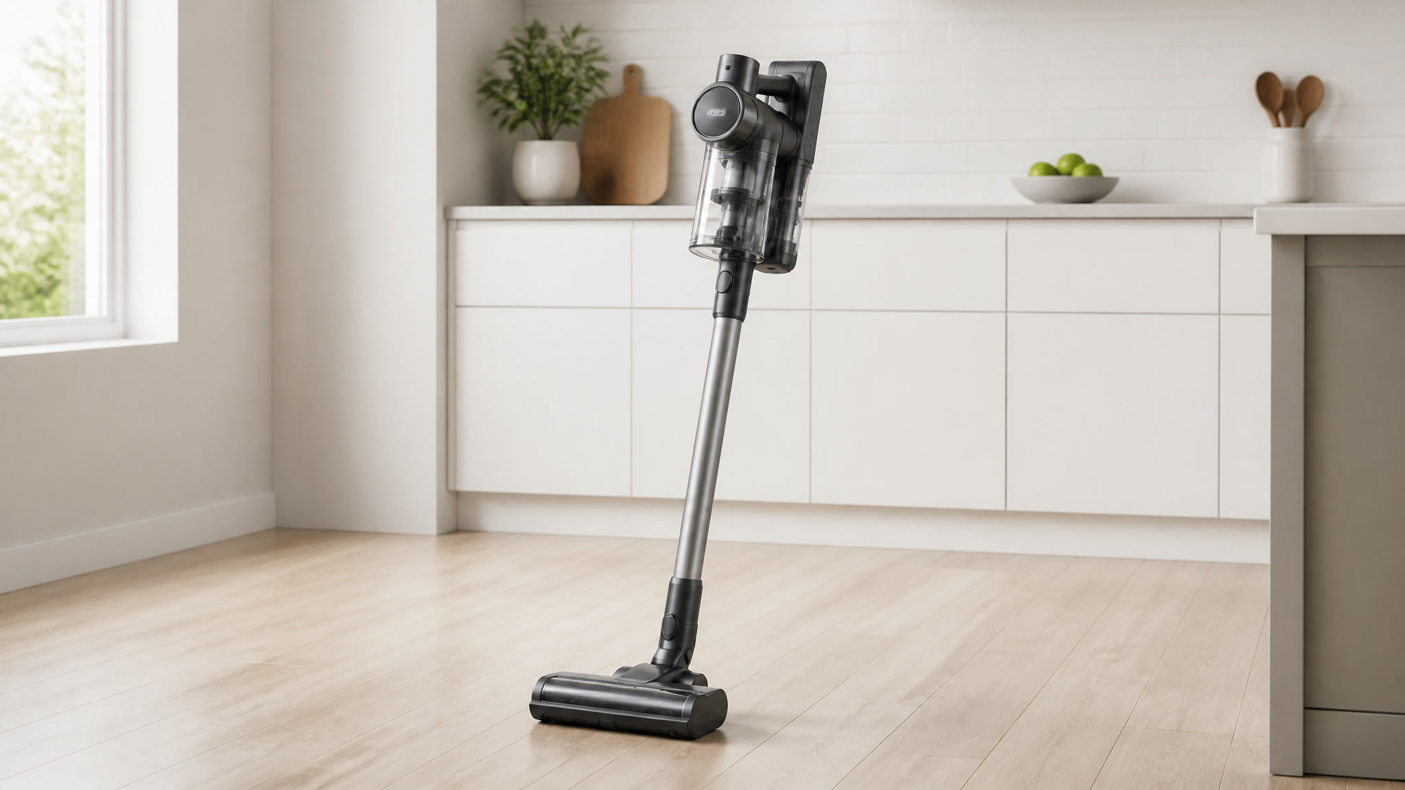 Cordless stick vacuum standing upright on a light hardwood floor