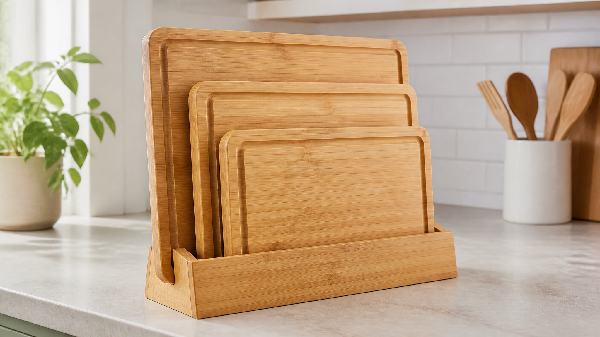 Three-piece bamboo cutting board set with juice grooves and a wooden storage stand