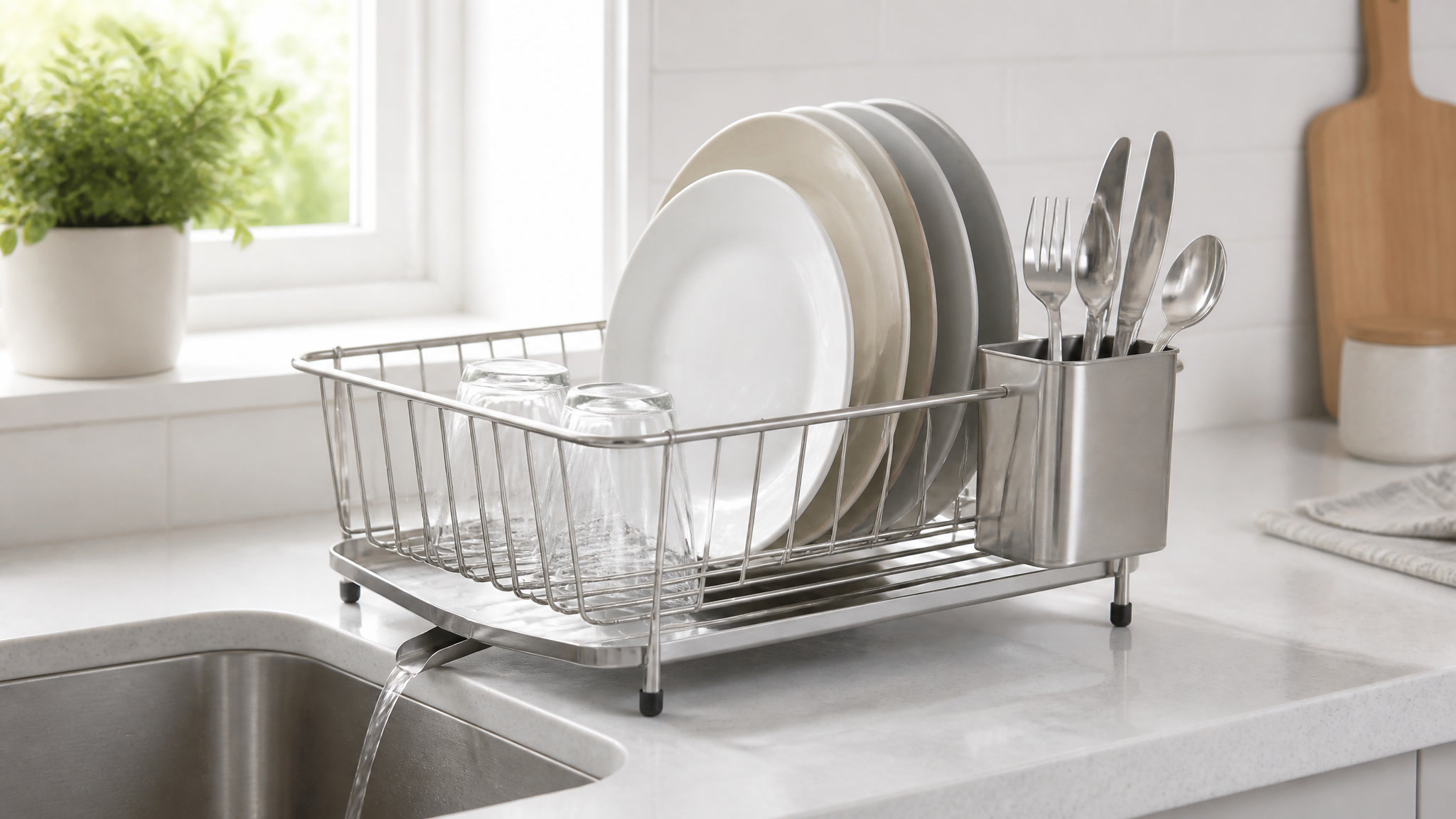 Compact stainless steel dish drying rack on a small kitchen counter
