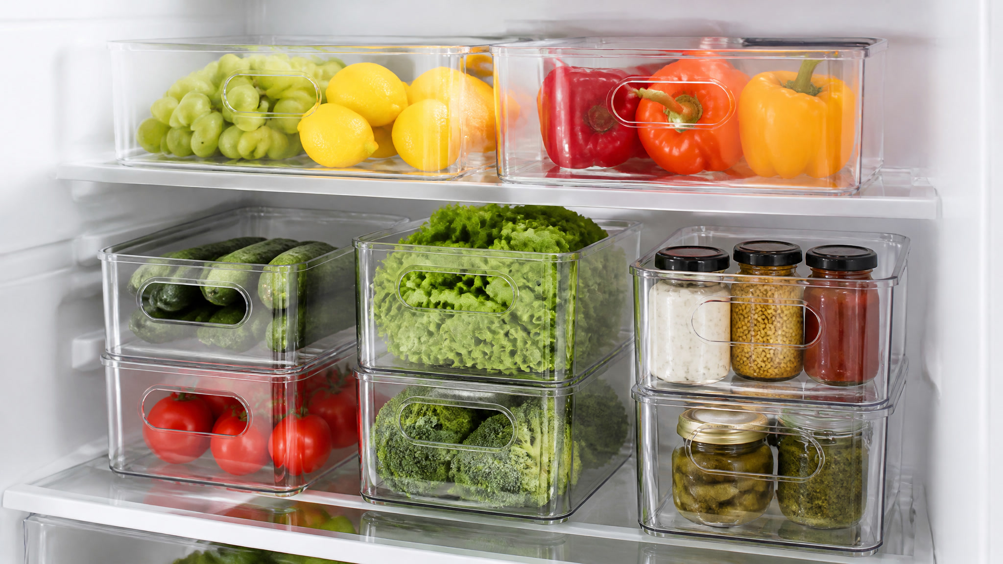 Clear stackable fridge organizer bins with handles on a refrigerator shelf