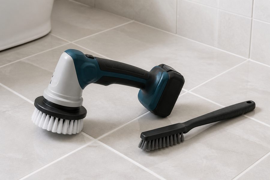 Grout cleaning power scrubber and detail brush on tiled floor