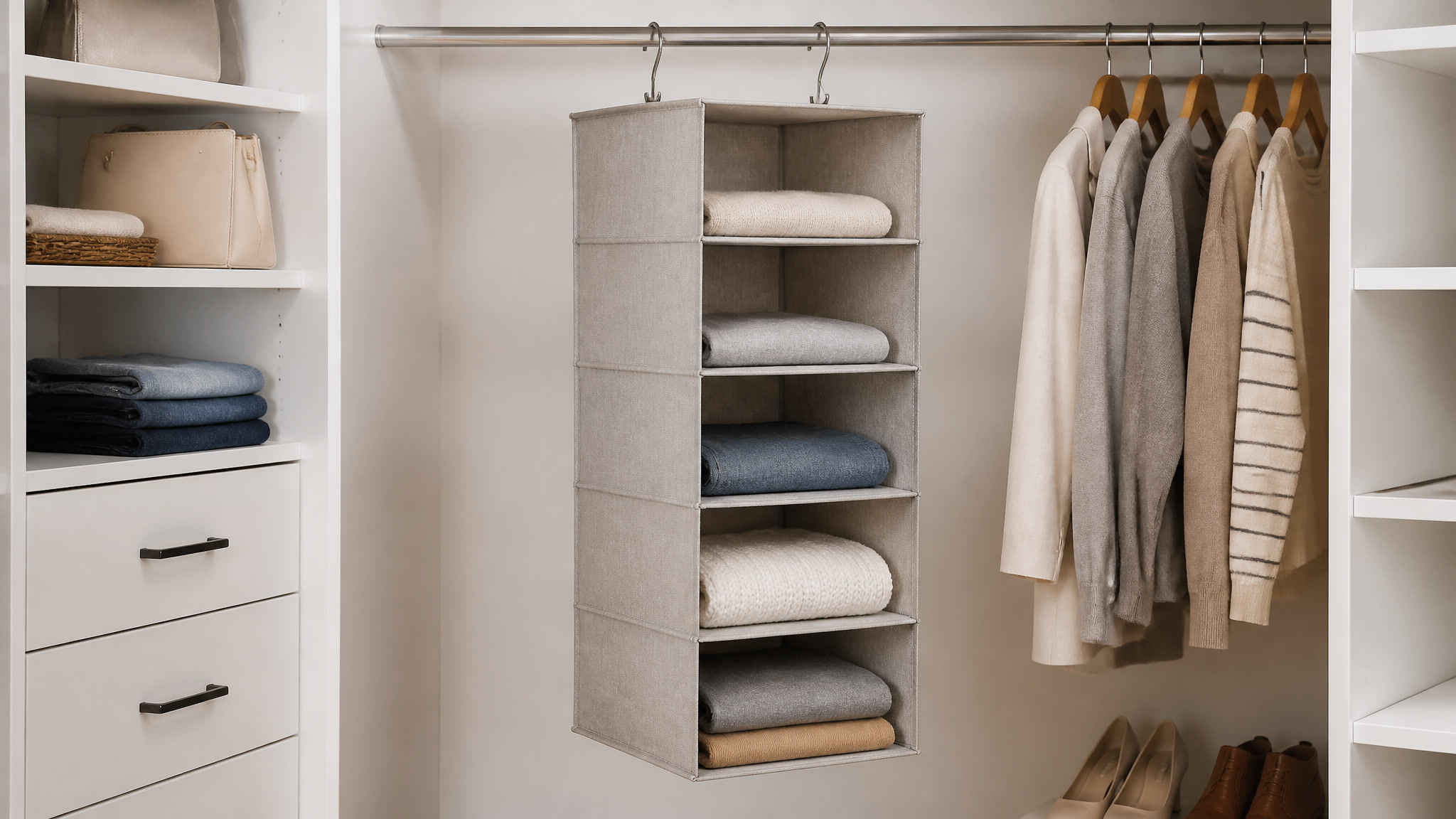 Fabric hanging closet organizer with shelves hanging from a closet rod