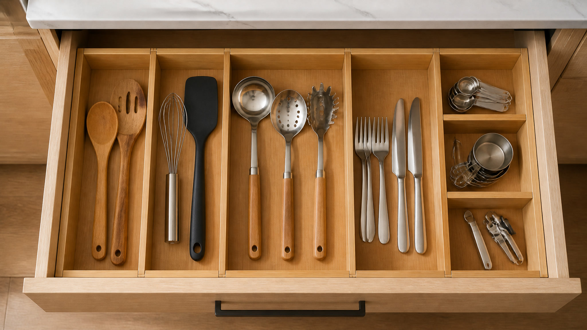 Expandable bamboo drawer dividers organizing utensils inside a wooden kitchen drawer
