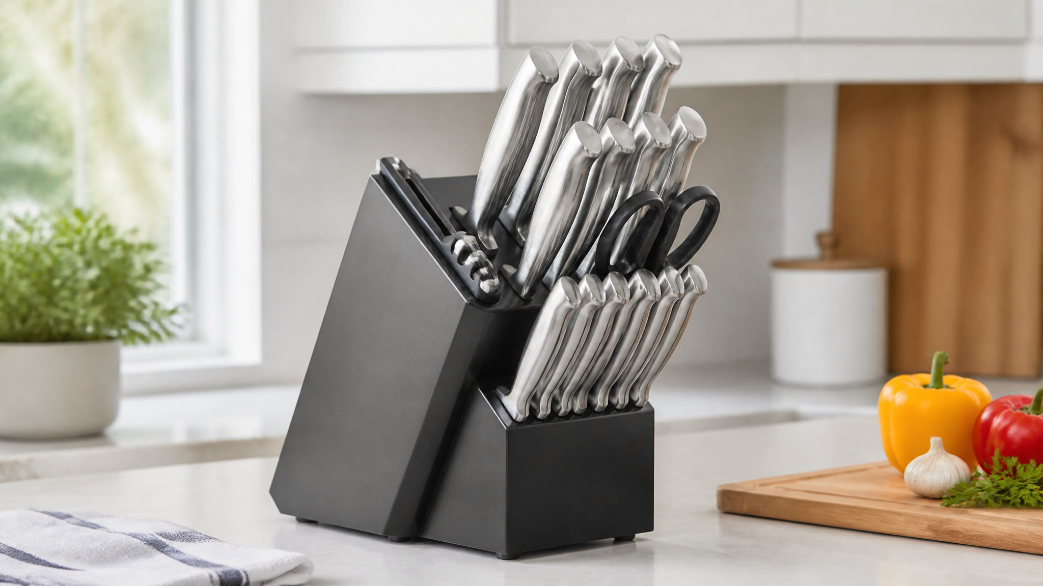 15-piece kitchen knife set with block and built-in sharpener on a kitchen counter