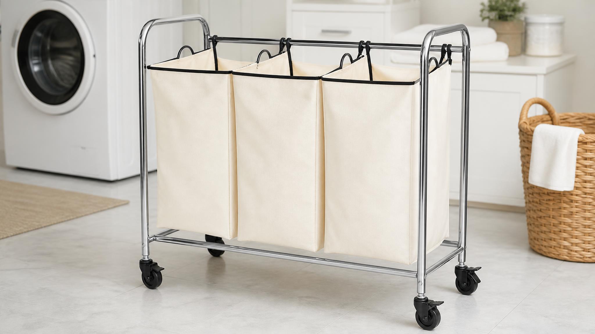 Three-bag rolling laundry sorter with chrome frame and removable fabric bags on a laundry room floor