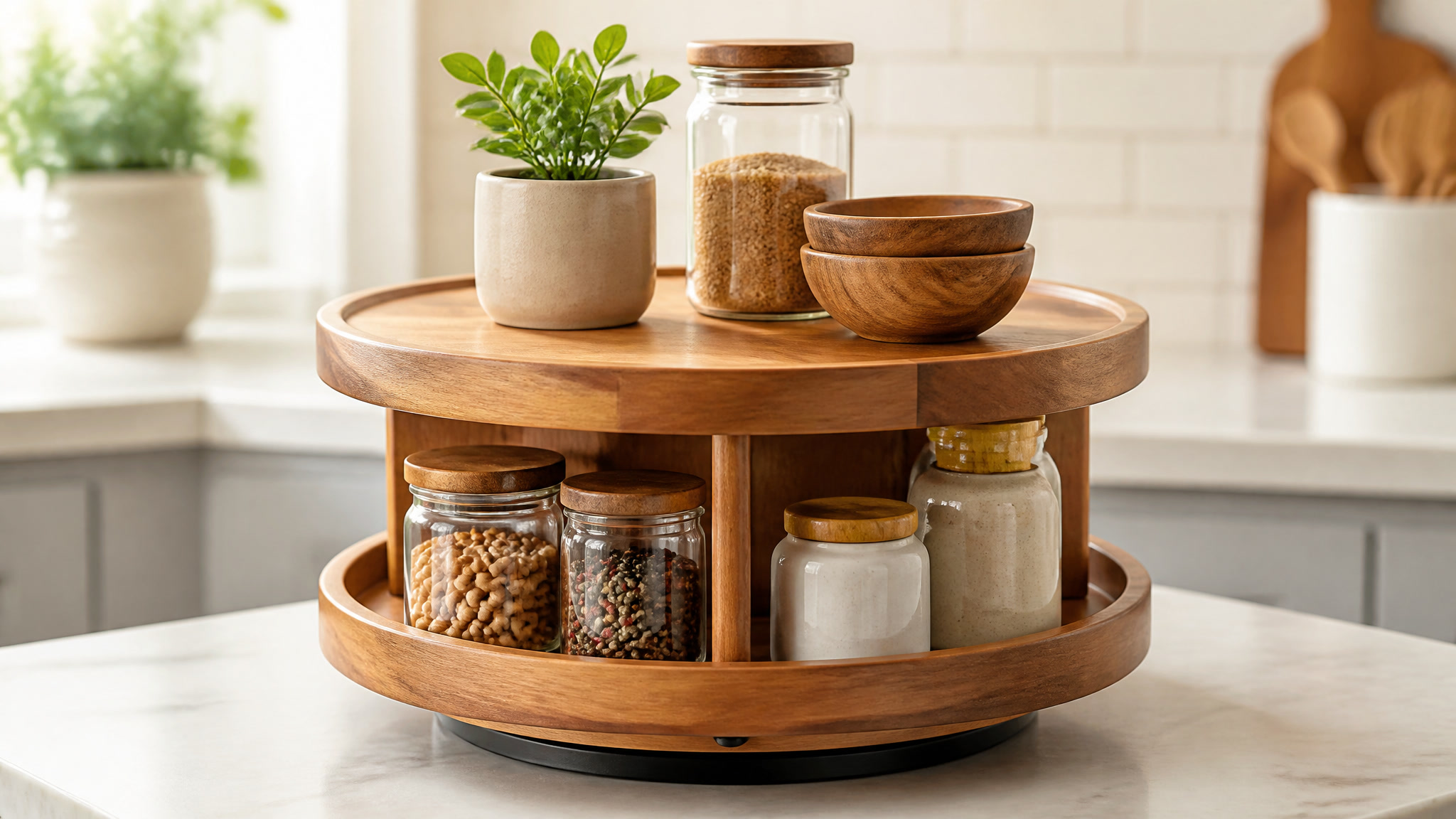 Wooden lazy susan turntable organizer on a kitchen counter