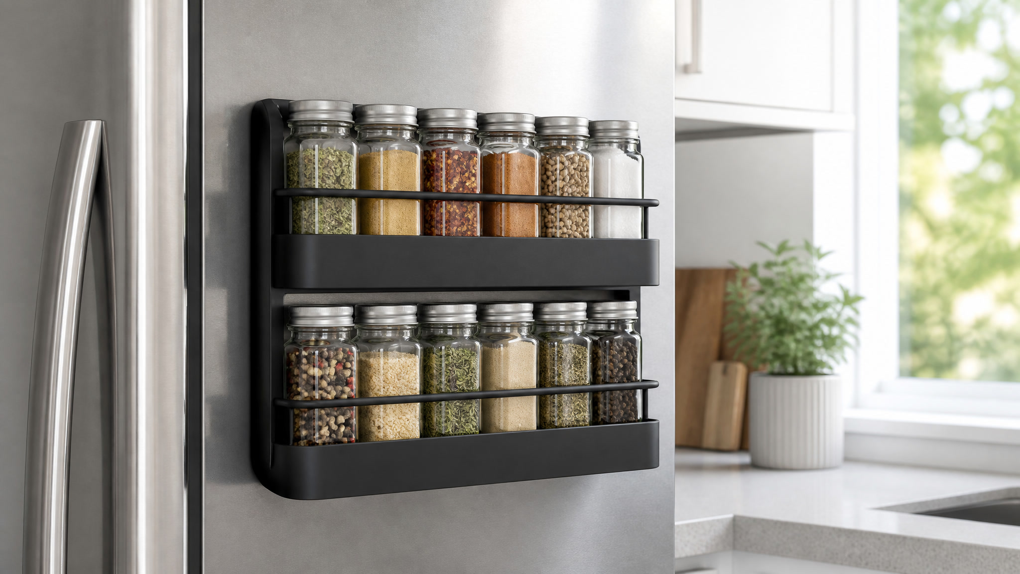 Magnetic spice rack holding spice jars on the side of a stainless steel refrigerator
