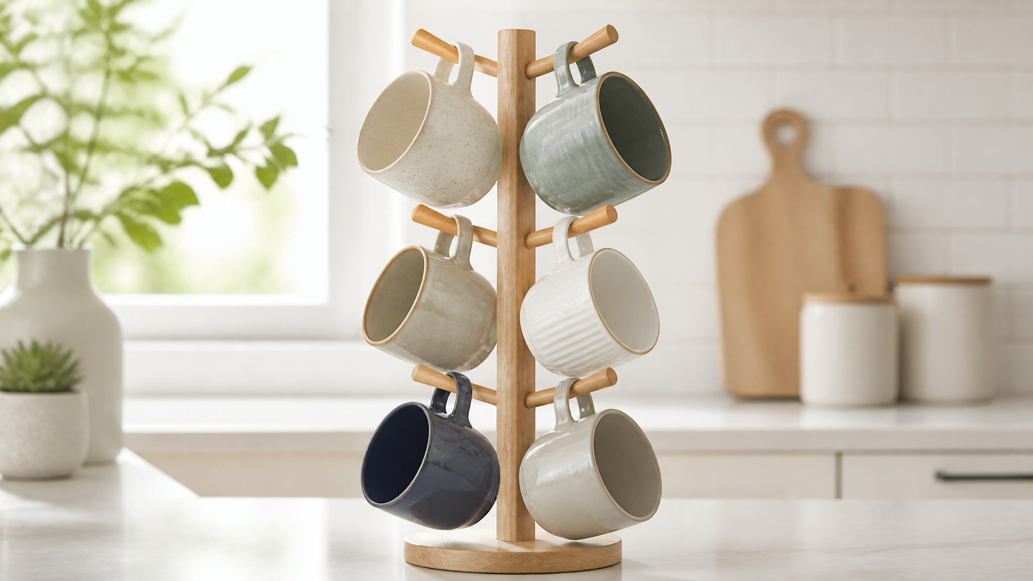 Bamboo mug tree stand holding ceramic coffee mugs on a kitchen counter