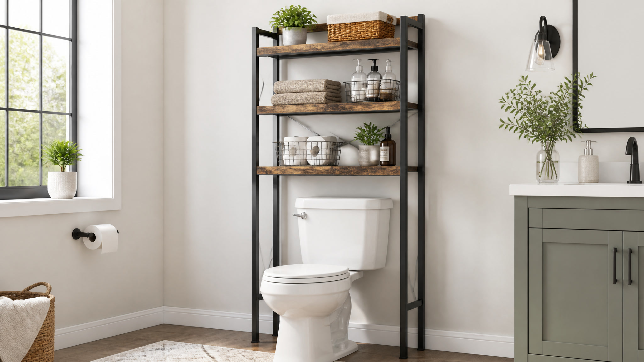 Freestanding over-the-toilet storage shelf standing above a toilet in a bathroom