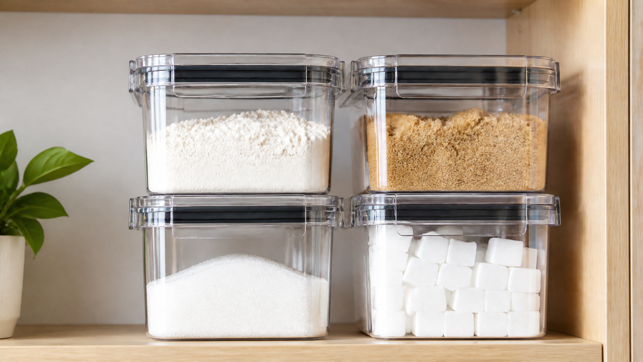 Stackable clear airtight pantry storage containers with sealed lids on a kitchen shelf