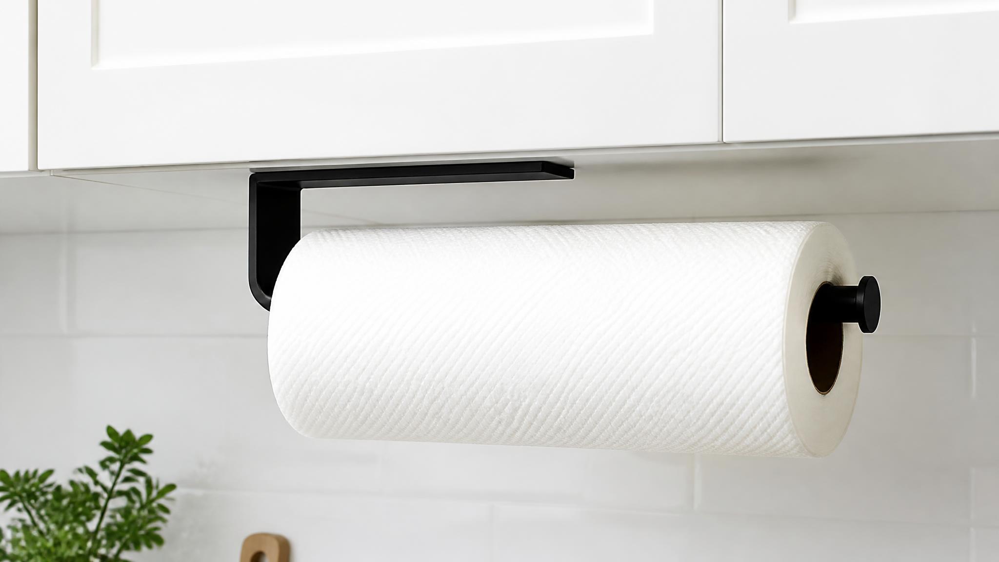 Black stainless steel under-cabinet paper towel holder mounted beneath a white kitchen cabinet