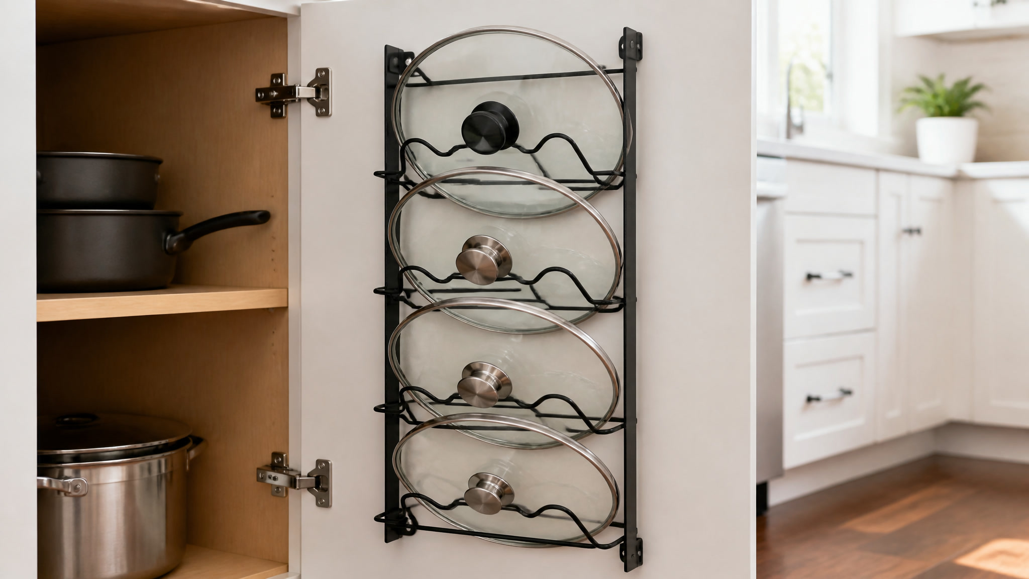 Black metal pot lid holder rack mounted inside a kitchen cabinet door holding pot and pan lids