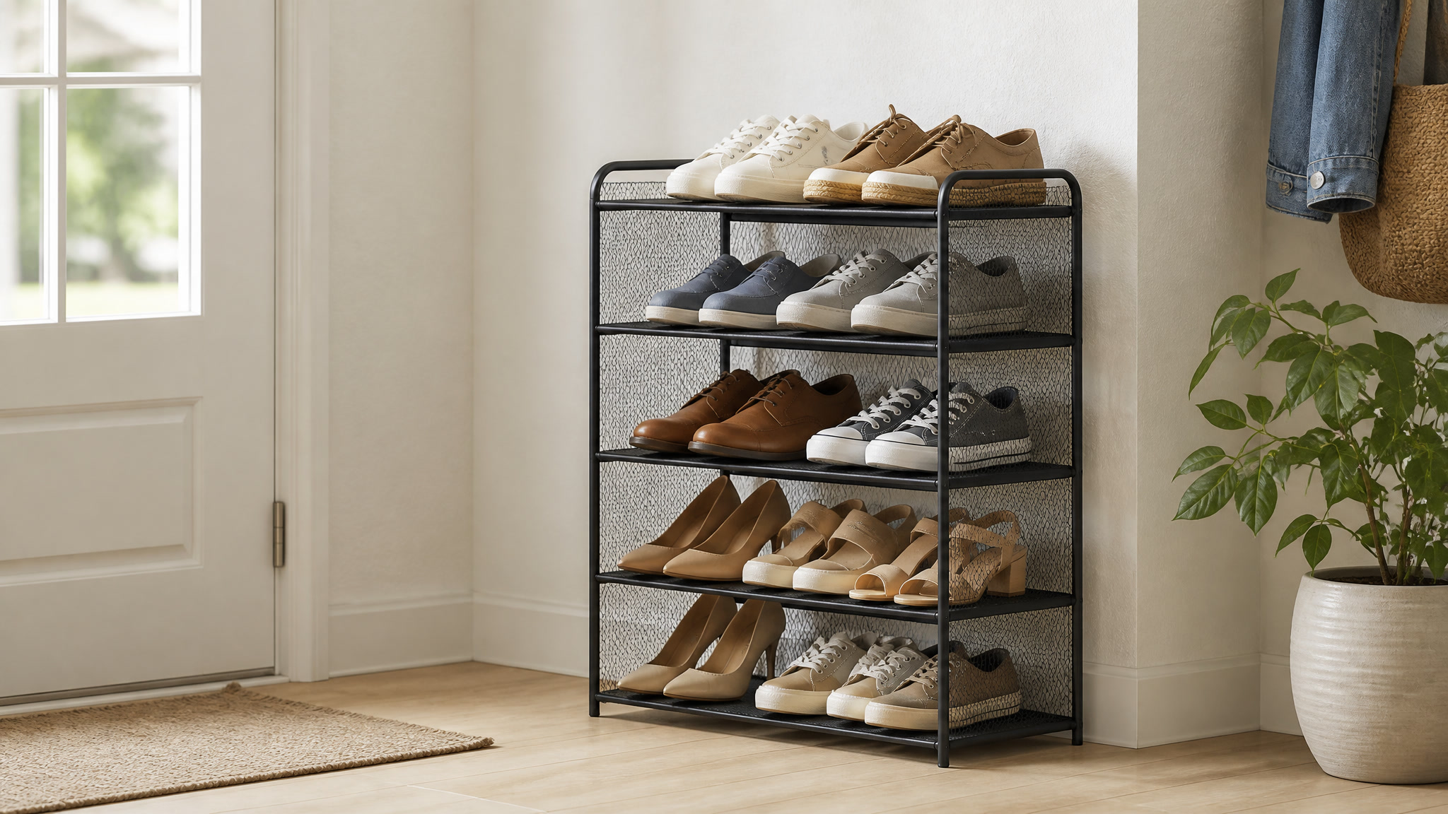Stackable metal mesh shoe rack holding multiple pairs of shoes in an entryway