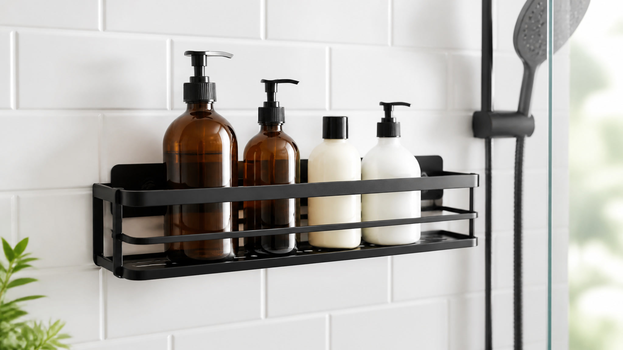 Rust-proof adhesive shower caddy holding shampoo bottles on tile wall