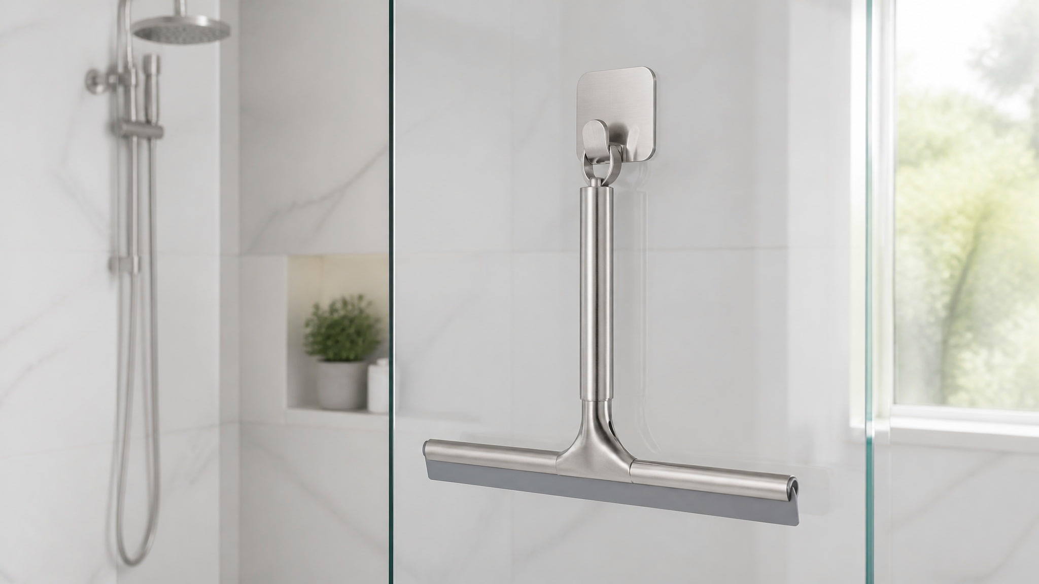 Stainless steel shower squeegee with silicone blade on a glass shower door
