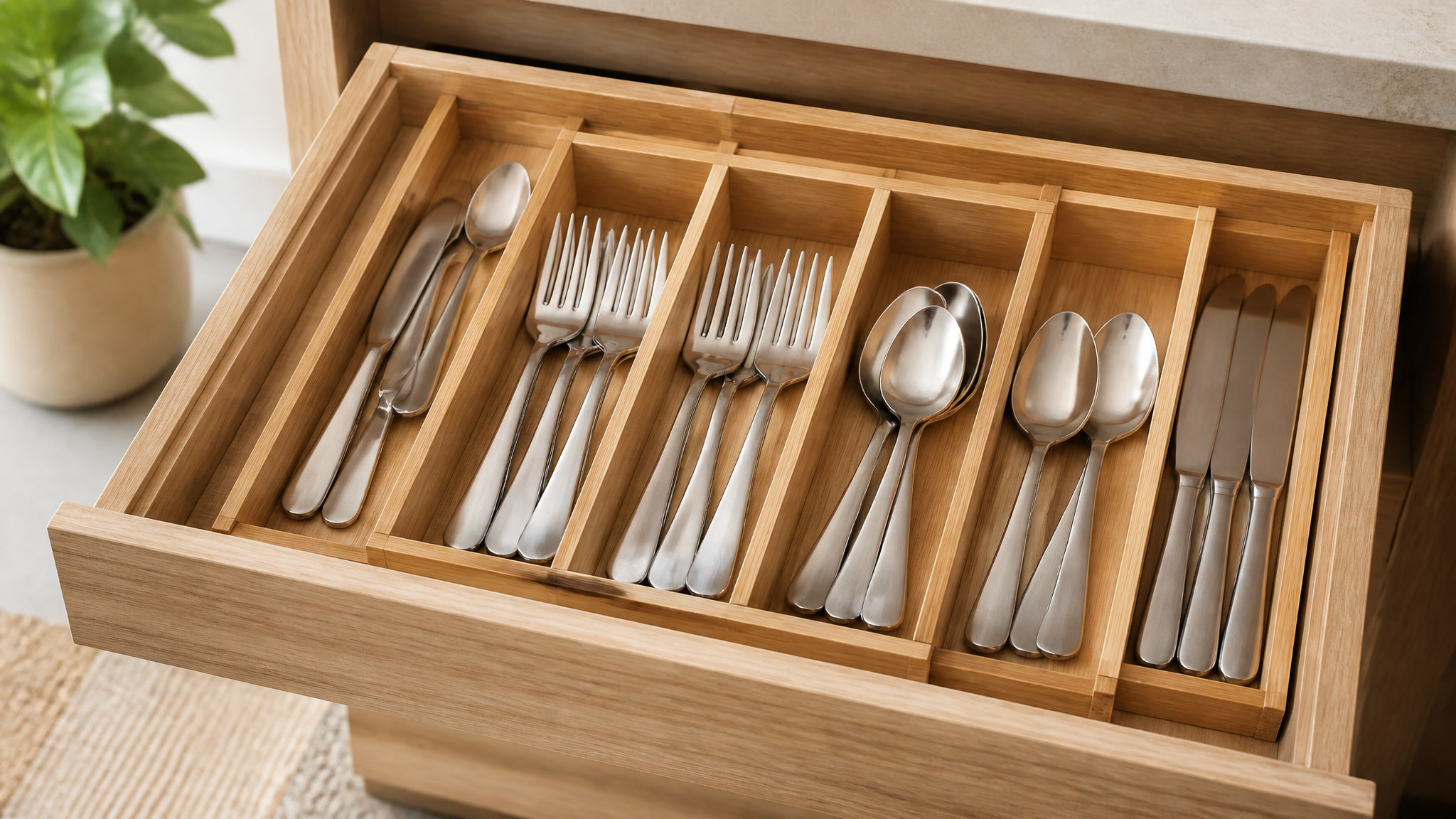 Expandable bamboo silverware drawer organizer holding forks, spoons, and knives in a kitchen drawer