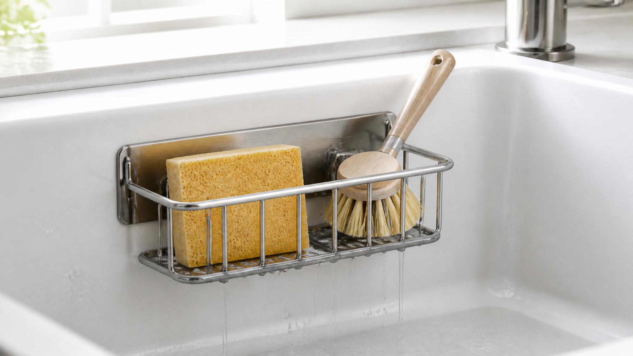 Stainless steel kitchen sink caddy holding a sponge and dish brush inside a sink
