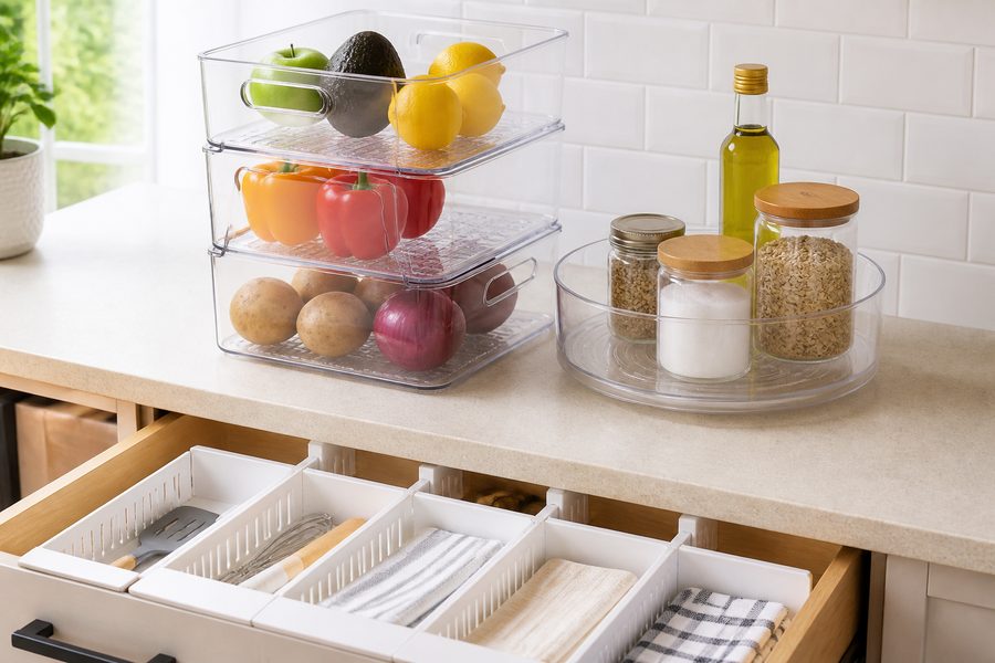 Stackable storage bins, drawer dividers and turntable