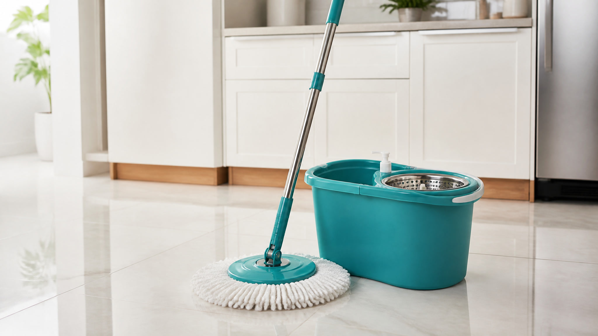 Spin mop with bucket and wringer system on a tile kitchen floor