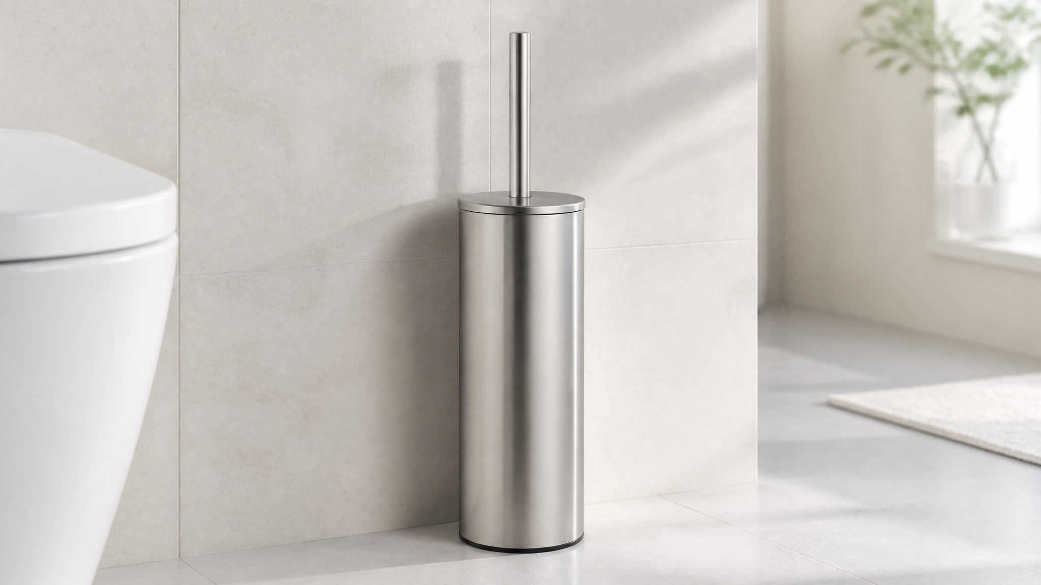 Hidden-canister toilet brush and holder set on a bathroom floor