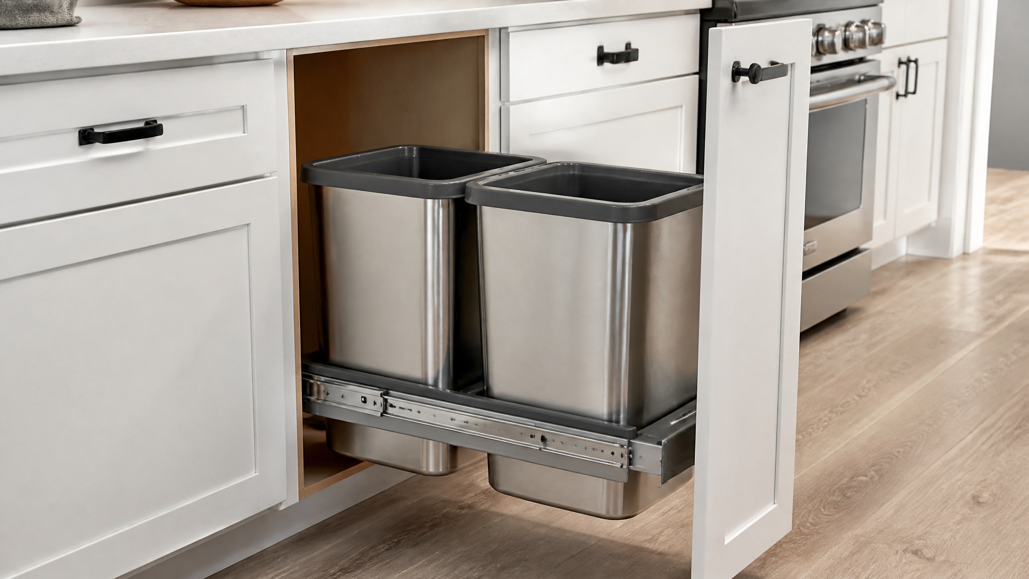 Dual pull-out trash can system with soft-close slides mounted inside a kitchen cabinet