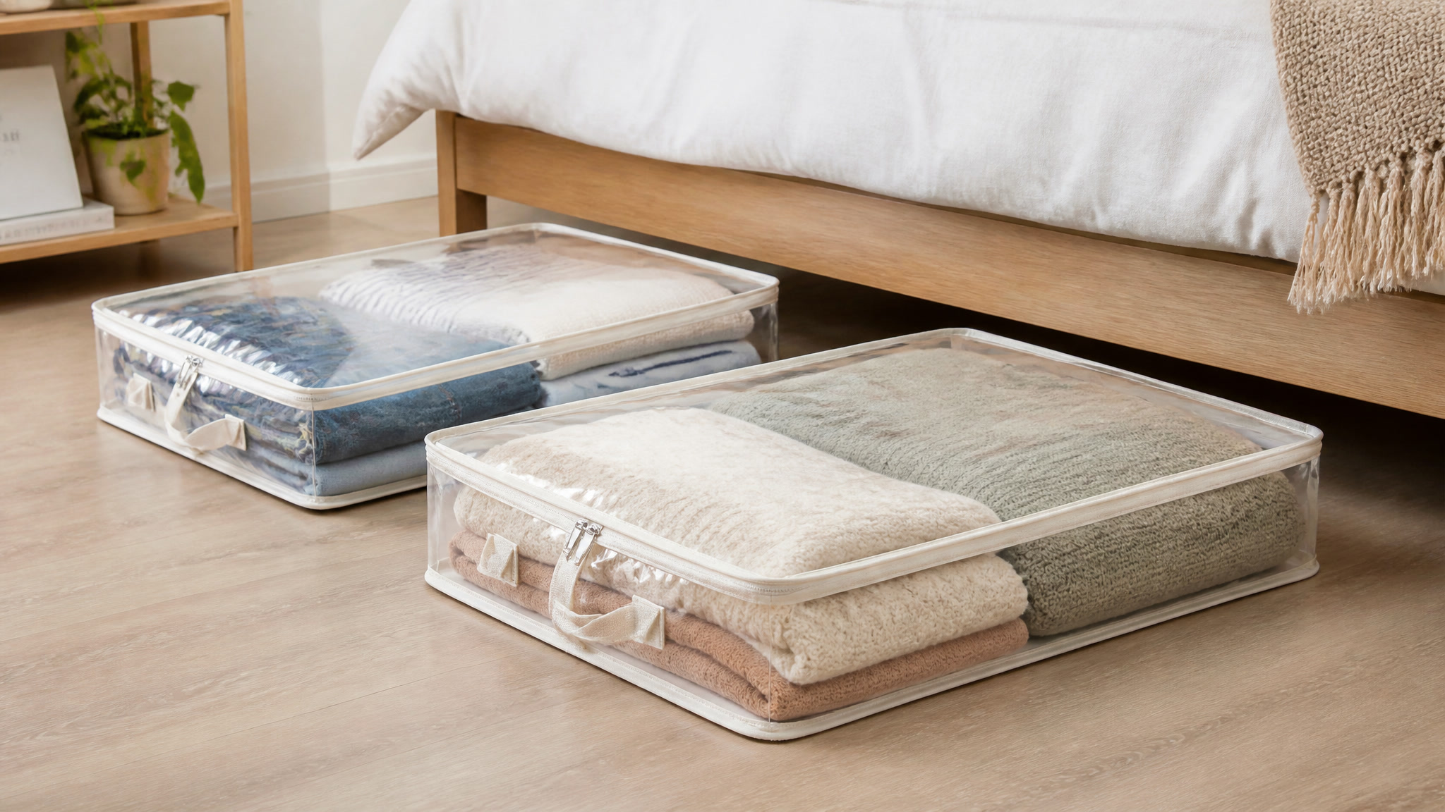 Clear vinyl zippered under-bed storage bags filled with folded clothing and blankets