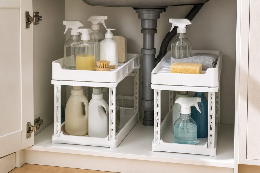 Two-tier under-sink organizer holding cleaning supplies