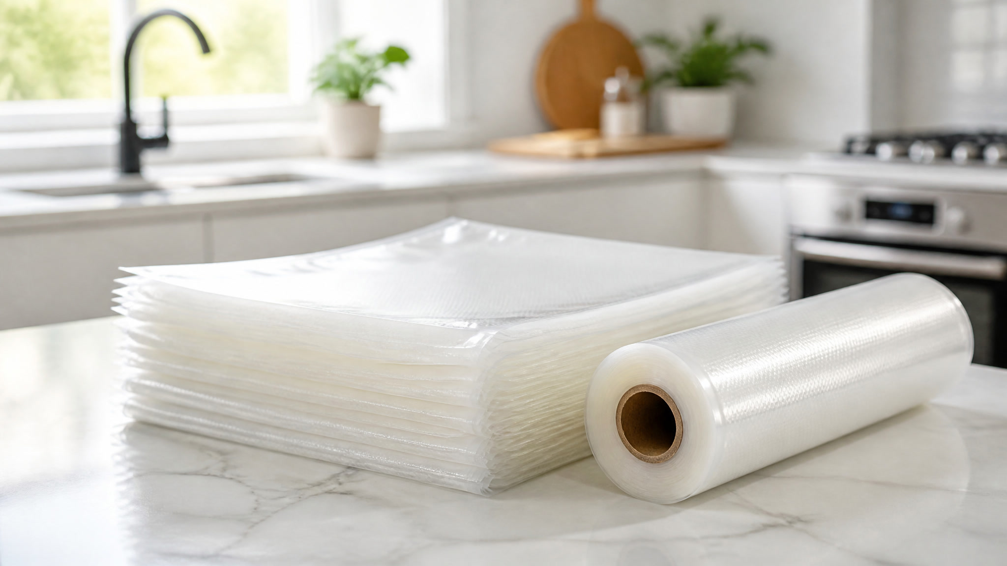 Stack of precut vacuum sealer bags and a roll of film on a kitchen counter