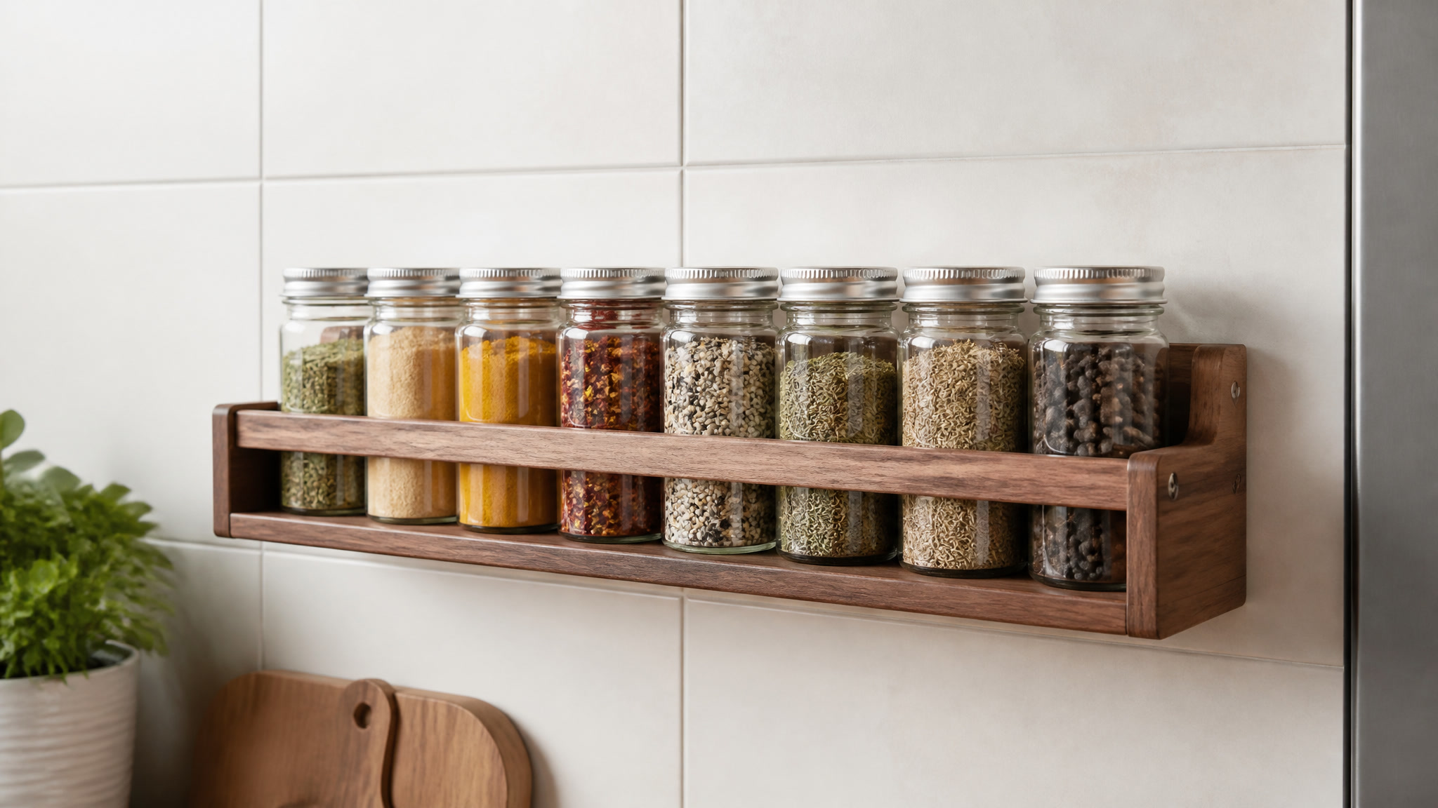 Wall-mounted spice rack holding a neat row of spice jars on a kitchen wall