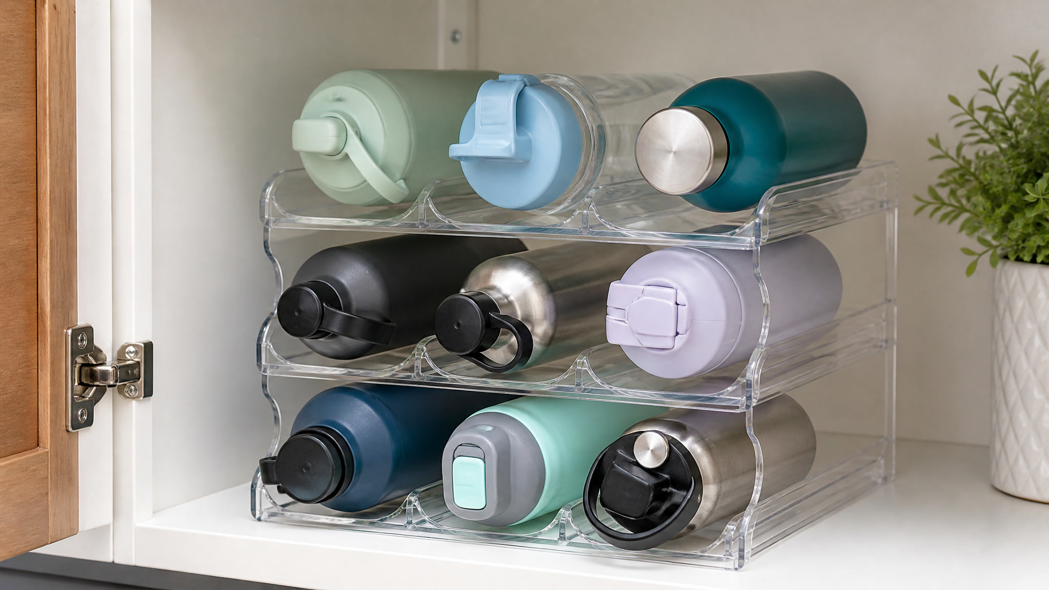 Clear stackable water bottle organizer rack holding bottles inside a kitchen cabinet